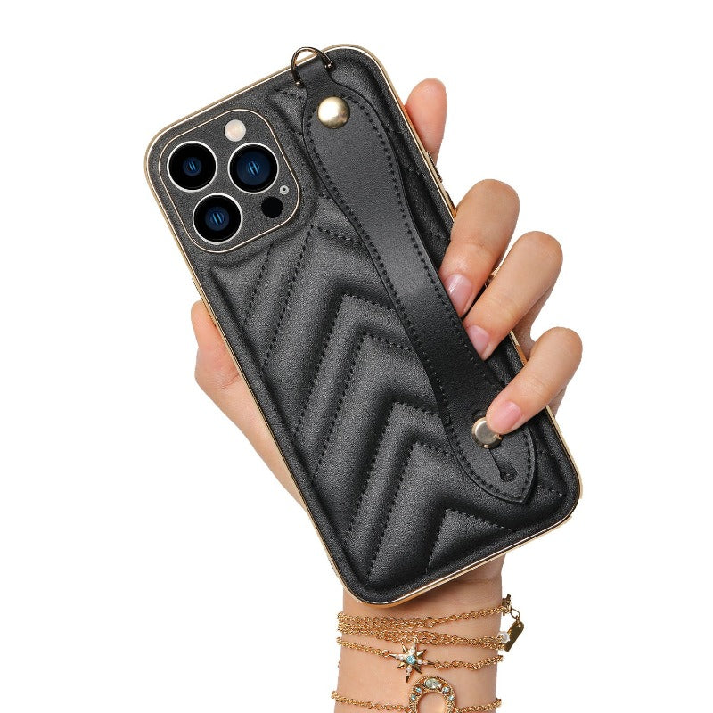 For iPhone 13 12 Pro Max Case Wrist Strap Soft Cover Leather Case Small Fragrance Back Cover