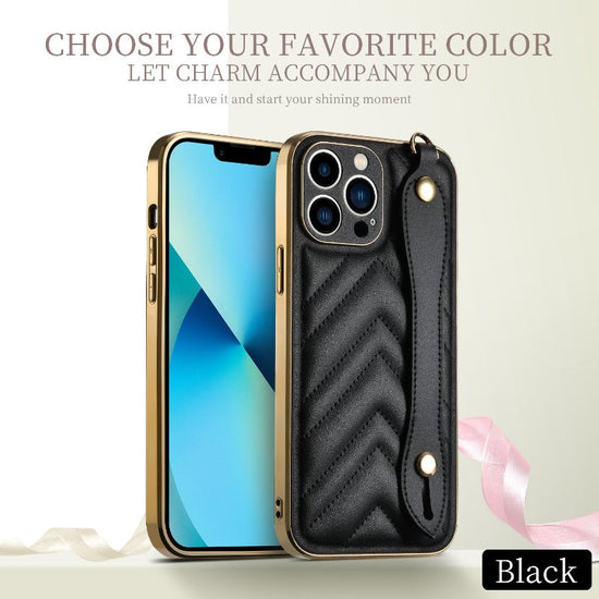 For iPhone 13 12 Pro Max Case Wrist Strap Soft Cover Leather Case Small Fragrance Back Cover