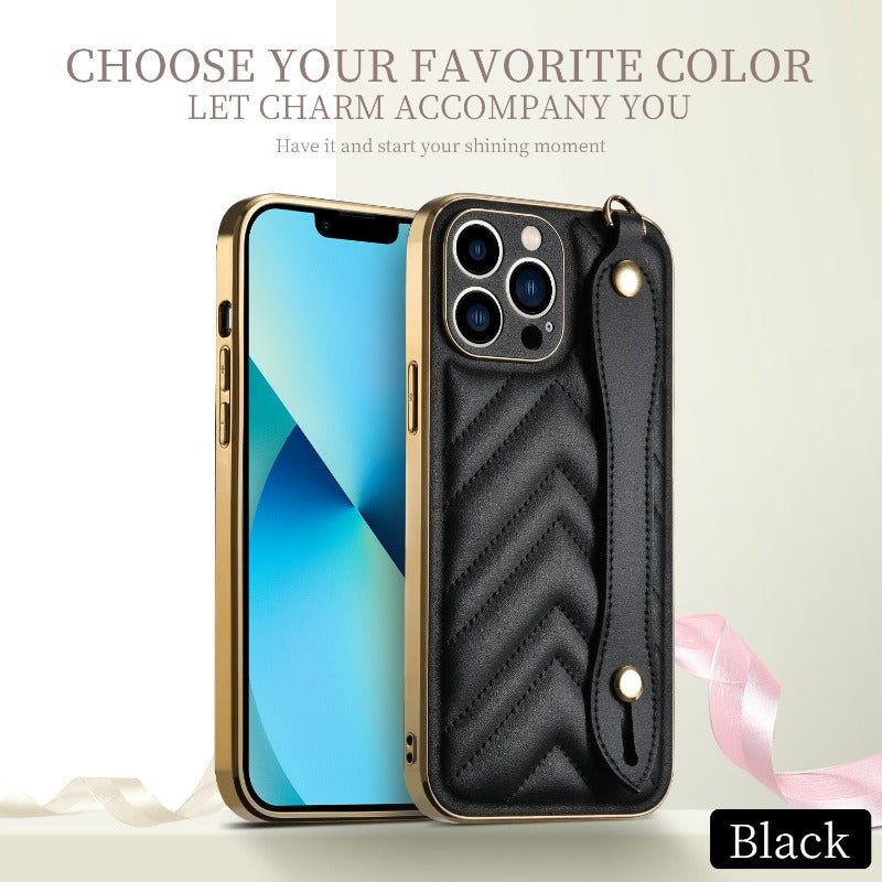 For iPhone 13 12 Pro Max Case Wrist Strap Soft Cover Leather Case Small Fragrance Back Cover