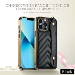 For iPhone 13 12 Pro Max Case Wrist Strap Soft Cover Leather Case Small Fragrance Back Cover