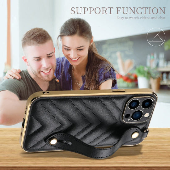 For iPhone 13 12 Pro Max Case Wrist Strap Soft Cover Leather Case Small Fragrance Back Cover