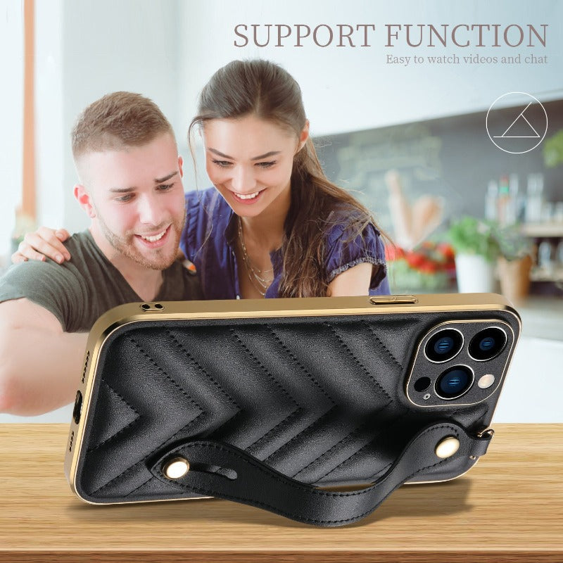 For iPhone 13 12 Pro Max Case Wrist Strap Soft Cover Leather Case Small Fragrance Back Cover