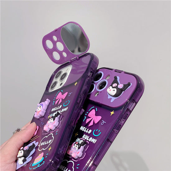 Phone Case Kuromi With 3D Doll Ornaments Pendant Makeup Mirror Phone Case For Iphone 11 12 13 14 Pro Transparent Cover