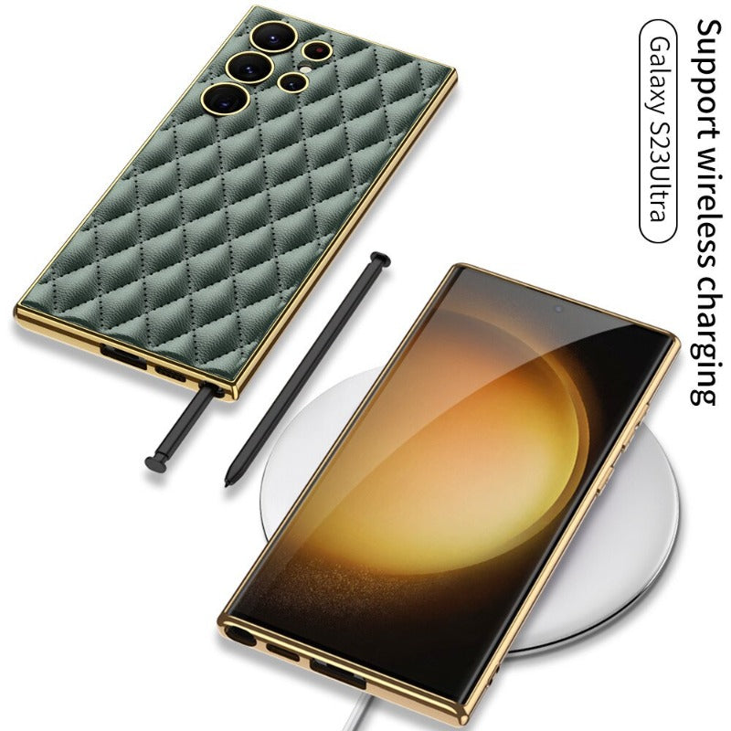 For Samsung Galaxy S23 Ultra Plus Case Elegant Electroplated Plain Leather Soft Silicone Shockproof Protection Cover Accessories