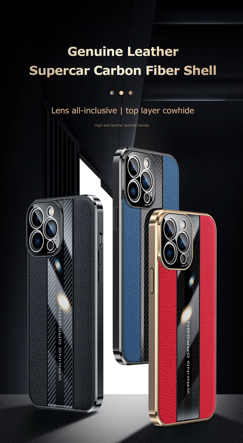  Genuine Leather Phone Case For iPhon 12 13 14 Pro Max Plus 13Mini Electroplated Carbon Fiber Cover Lens All-inclusive Protection