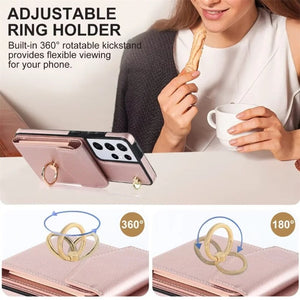 Ring Stand Phone Case For Samsung Galaxy S23 S22 Ultra Plus Leather Cover with RFID Blocking Card Slot Holder