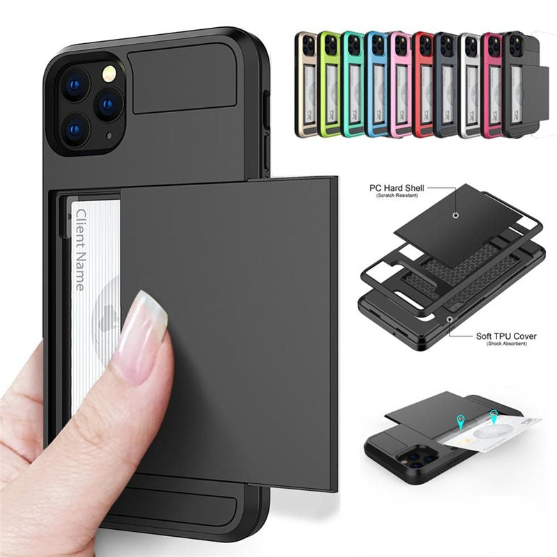 Slide Wallet Credit Card Slot Phone Case For iPhone 14 13 12 11Pro Max Max Plus Edge TPU Armor Shockproof Back Cover