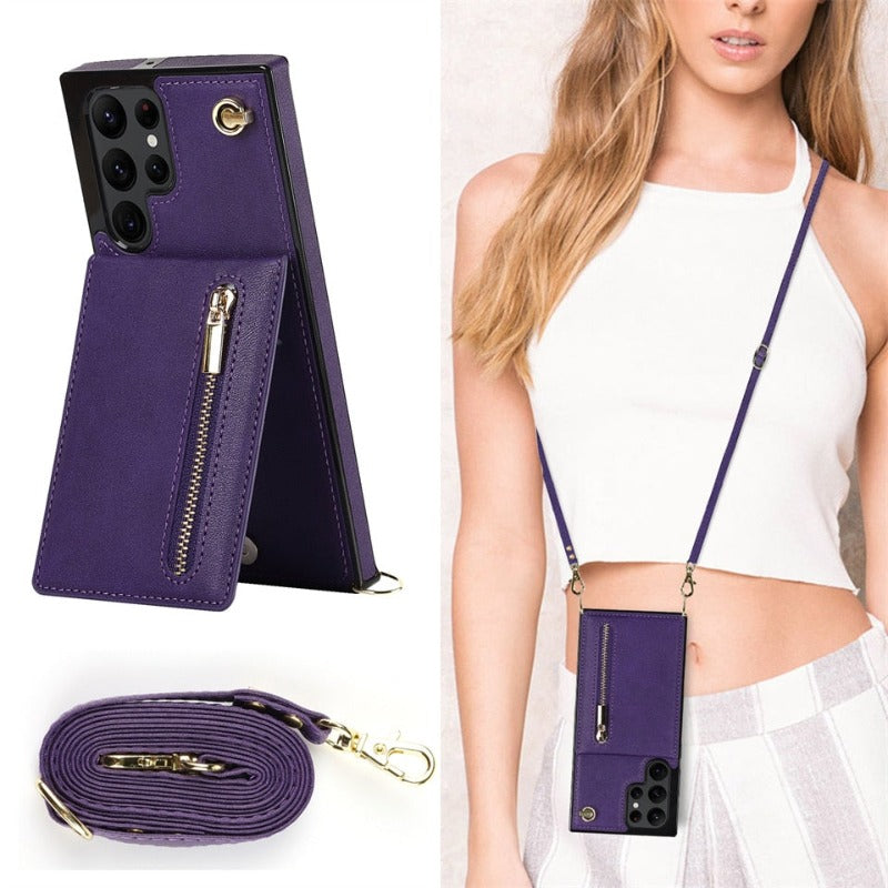 Luxury Leather Zipper Wallet Card Strap Case For Samsung Galaxy S23 S22 S21 Plus Wallet Card Lanyard Cover
