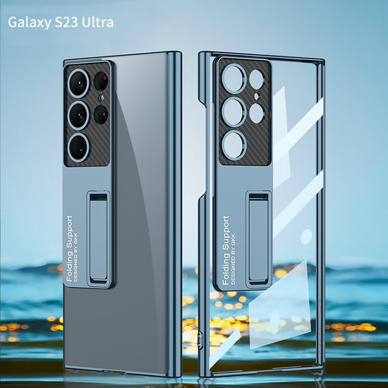 Luxury For Samsung S23 Ultra 5G HD Transparent Kickstand Plating Phone Case For Galaxy S23 Plus Invisible Bracket Shockproof Cover