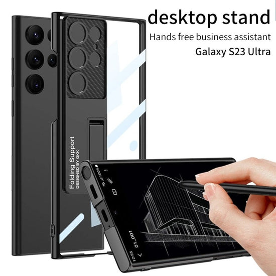 Luxury For Samsung S23 Ultra 5G HD Transparent Kickstand Plating Phone Case For Galaxy S23 Plus Invisible Bracket Shockproof Cover