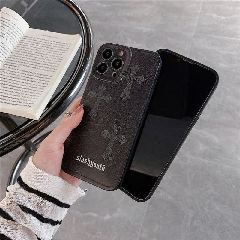 Dark Gothic Chrome Hearts Lether Phone Case for IPhone 11 12 13 14 Pro Max Soft Case Cover