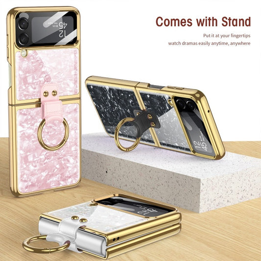 For Samsung Galaxy Z Flip 4 Flip3 Case Painted Electroplated Glass Ring Bracket Holder With Lens Film Shockproof Protection Case