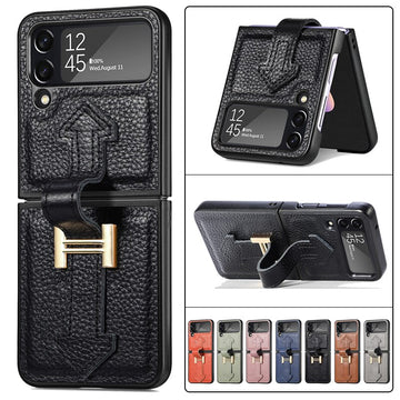 Simple Litchi Pattern Leather PU Phone Case With Wrist For Samsung Galaxy Z Flip
