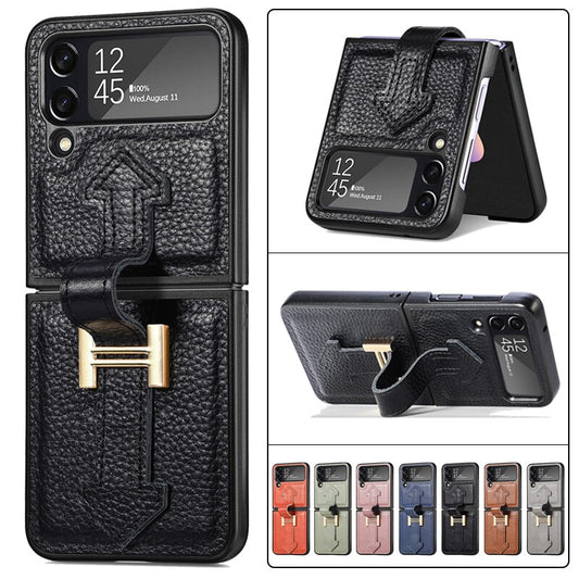 Simple Litchi Pattern Leather PU Phone Case With Wrist For Samsung Galaxy Z Flip