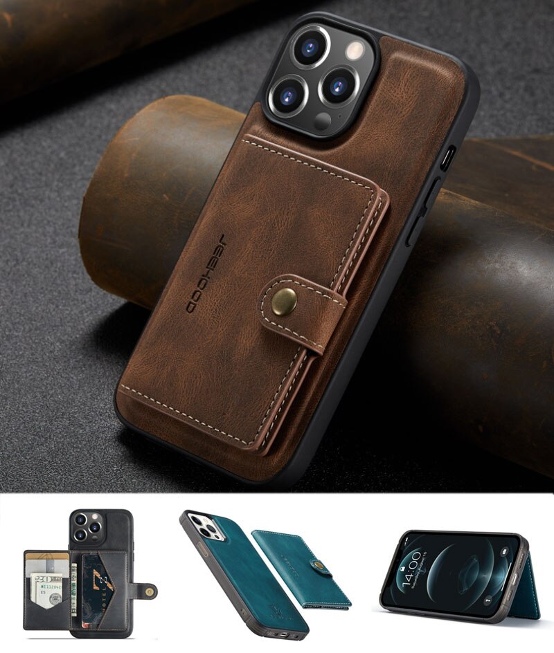 2in1 Magnetic Removable Wallet Phone Cases For iPhone 14 13 12 11 Pro Max 13 12Mini With Buttons Card Slots Flip Back Cover Support Wireless