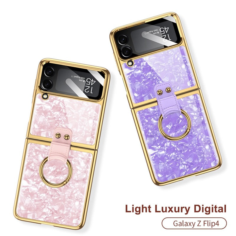 For Samsung Galaxy Z Flip 4 Flip3 Case Painted Electroplated Glass Ring Bracket Holder With Lens Film Shockproof Protection Case