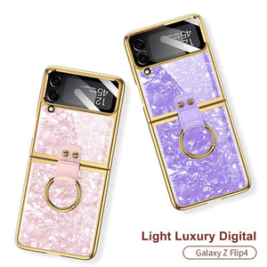 For Samsung Galaxy Z Flip 4 Flip3 Case Painted Electroplated Glass Ring Bracket Holder With Lens Film Shockproof Protection Case