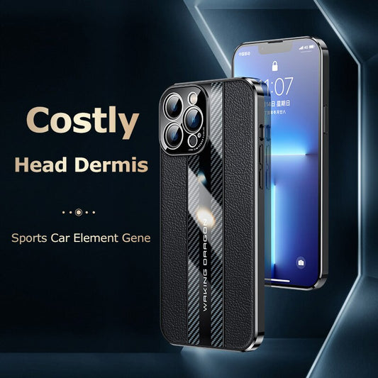  Genuine Leather Phone Case For iPhon 12 13 14 Pro Max Plus 13Mini Electroplated Carbon Fiber Cover Lens All-inclusive Protection