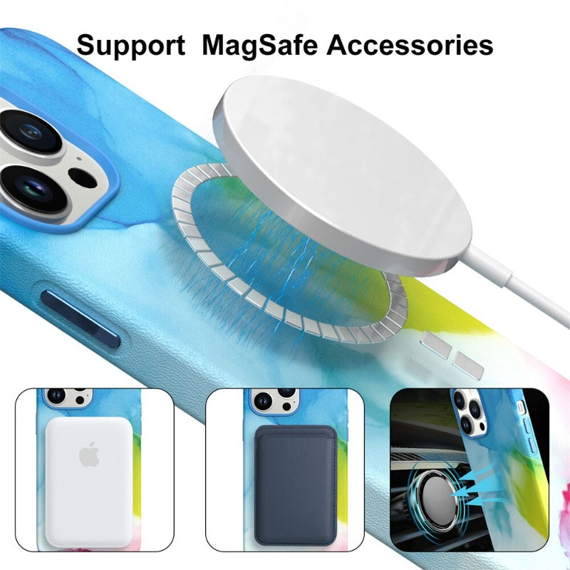 Original Gradient Ink Leather Phone Case For Magsafe For iPhone 14 13 12 11Pro Max 14 13 12 11 Colorful Magnetic Wireless Charging Full Cover
