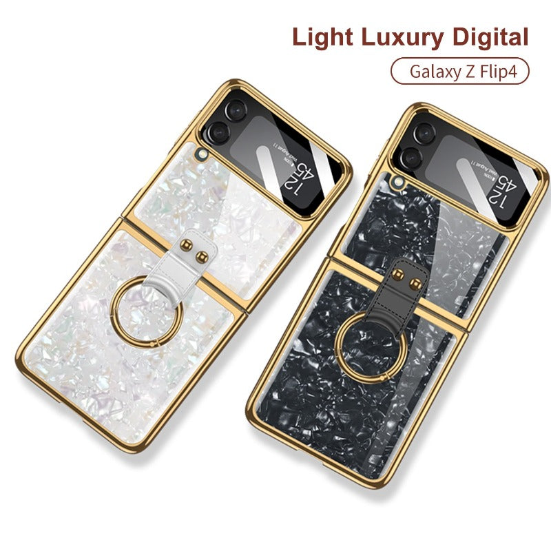 For Samsung Galaxy Z Flip 4 Flip3 Case Painted Electroplated Glass Ring Bracket Holder With Lens Film Shockproof Protection Case