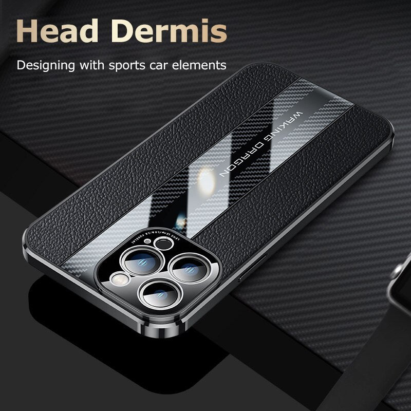  Genuine Leather Phone Case For iPhon 12 13 14 Pro Max Plus 13Mini Electroplated Carbon Fiber Cover Lens All-inclusive Protection