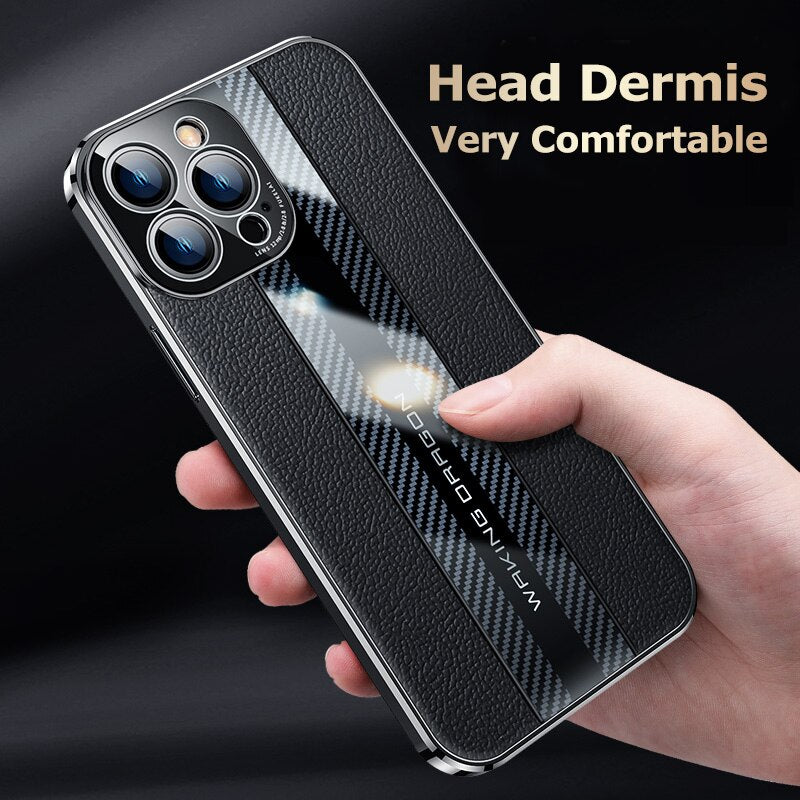  Genuine Leather Phone Case For iPhon 12 13 14 Pro Max Plus 13Mini Electroplated Carbon Fiber Cover Lens All-inclusive Protection