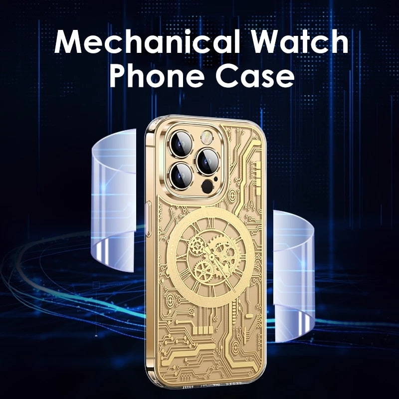 For Magsafe Magnetic Wireless Charging Phone Case For iPhone 12 13 14 Pro Max 14Plus Mechanical Texture TPU Transparent Cover