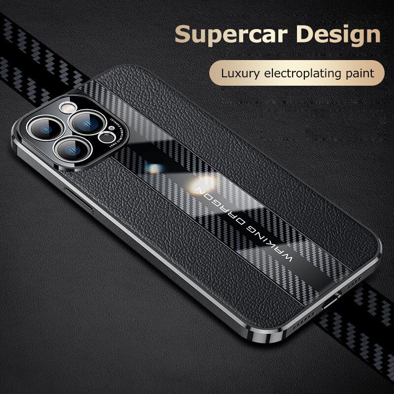  Genuine Leather Phone Case For iPhon 12 13 14 Pro Max Plus 13Mini Electroplated Carbon Fiber Cover Lens All-inclusive Protection