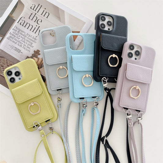 Luxury Lychee Leather Card Wallet Phone Case With Ring Buckle Bracket Crossbody Lanyard Case For iPhone