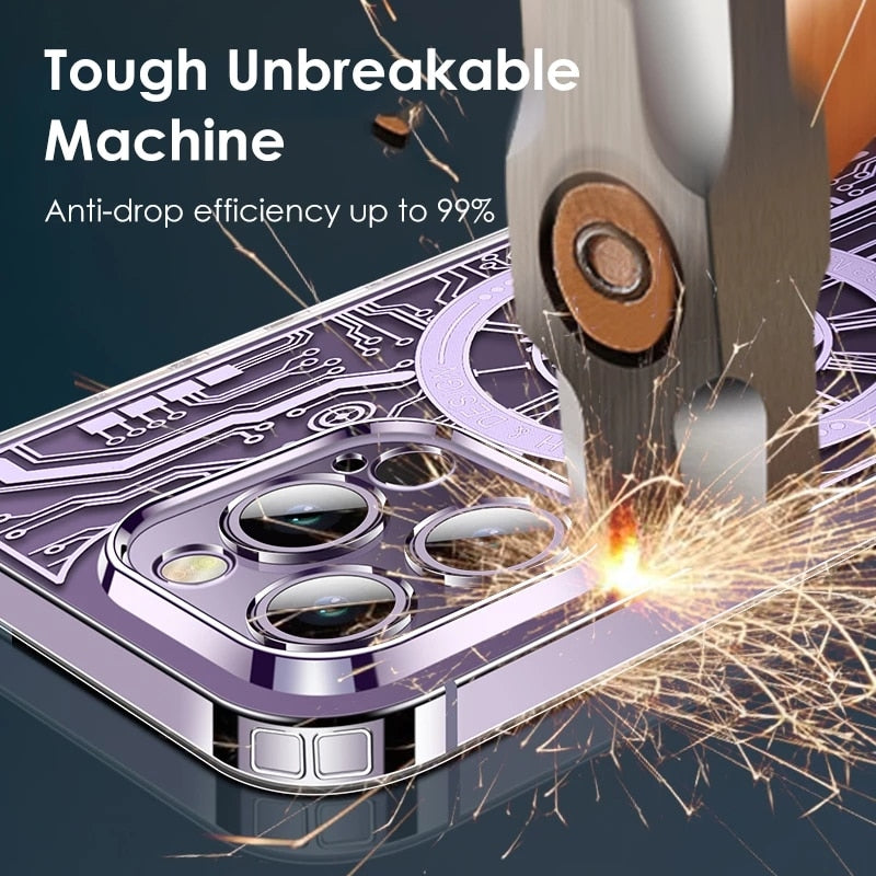 For Magsafe Magnetic Wireless Charging Phone Case For iPhone 12 13 14 Pro Max 14Plus Mechanical Texture TPU Transparent Cover