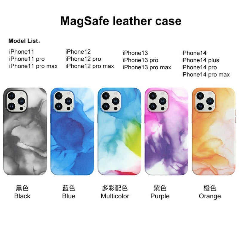 Original Gradient Ink Leather Phone Case For Magsafe For iPhone 14 13 12 11Pro Max 14 13 12 11 Colorful Magnetic Wireless Charging Full Cover