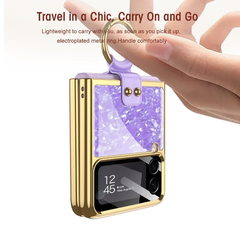 For Samsung Galaxy Z Flip 4 Flip3 Case Painted Electroplated Glass Ring Bracket Holder With Lens Film Shockproof Protection Case