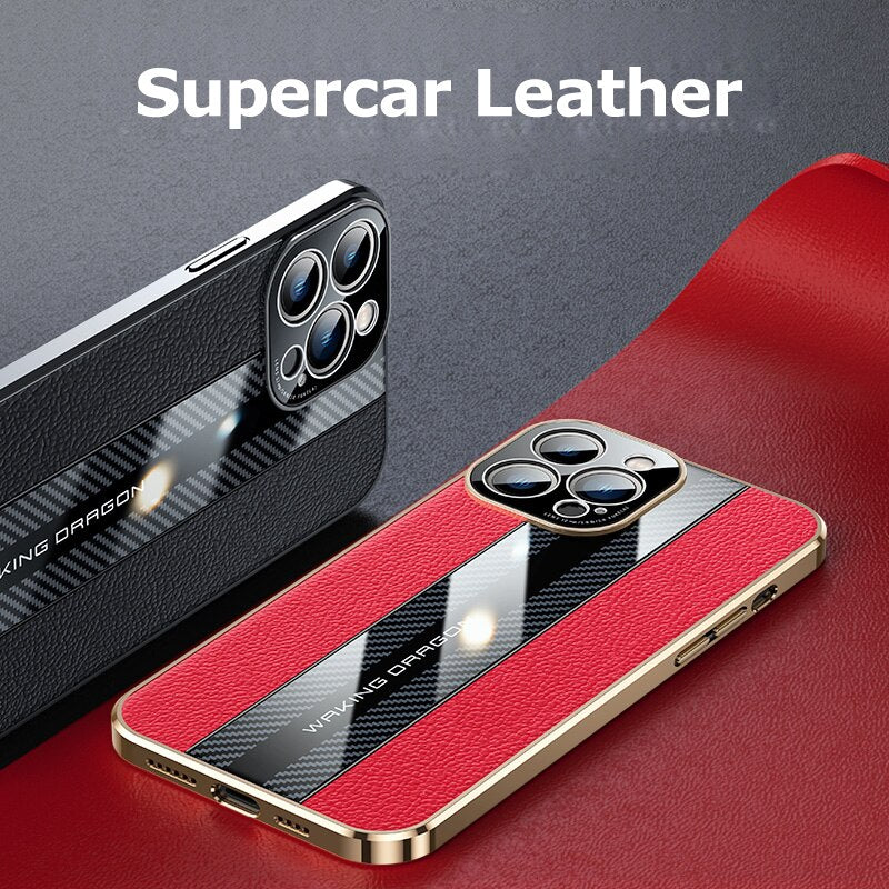  Genuine Leather Phone Case For iPhon 12 13 14 Pro Max Plus 13Mini Electroplated Carbon Fiber Cover Lens All-inclusive Protection