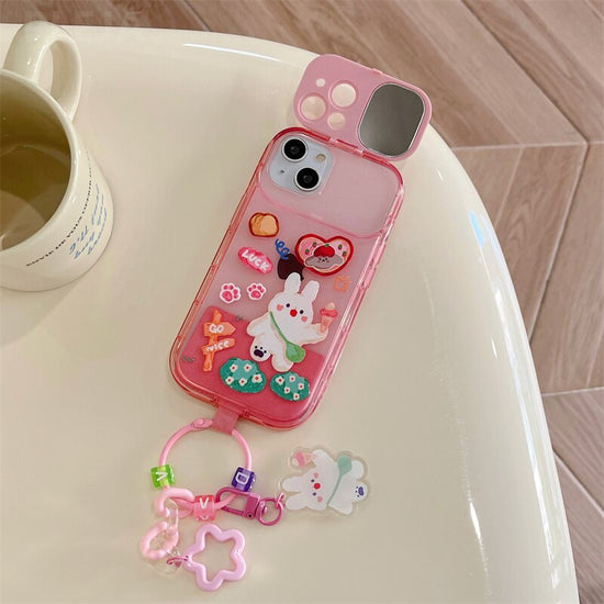 Cute Cartoon Pendant Flip Lens Mirror Phone Case for iPhone 14 13 12 11 Pro Max 14 Plus 14 13 12 11Pro Stand Holder Cover Lovely Funda