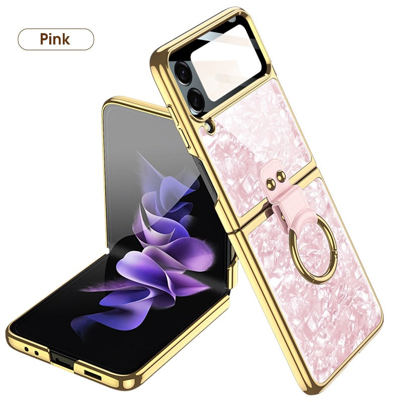 For Samsung Galaxy Z Flip 4 Flip3 Case Painted Electroplated Glass Ring Bracket Holder With Lens Film Shockproof Protection Case