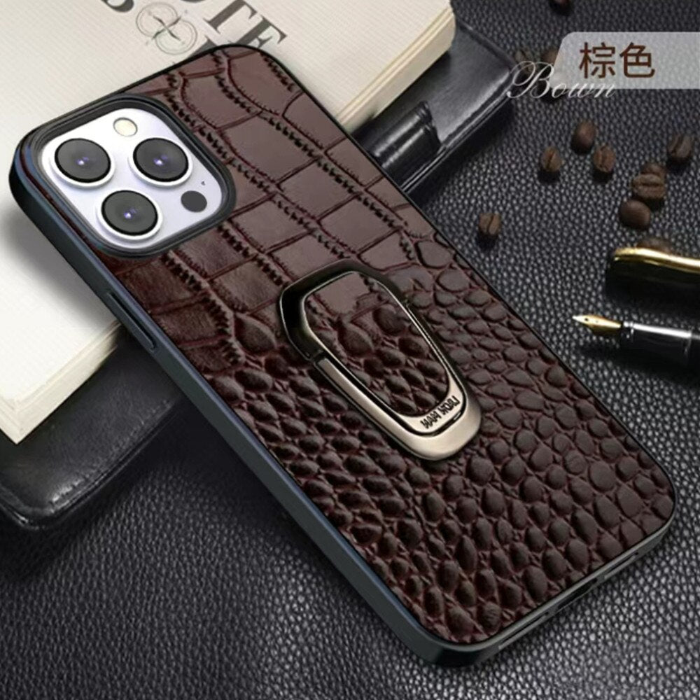 Genuine Cowhide Leather Phone Case With Classic Crocodile Metal Ring Holder For iPhone