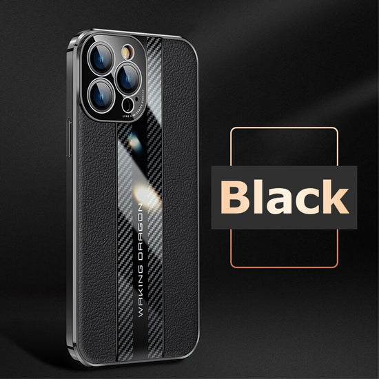  Genuine Leather Phone Case For iPhon 12 13 14 Pro Max Plus 13Mini Electroplated Carbon Fiber Cover Lens All-inclusive Protection