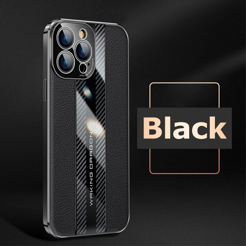  Genuine Leather Phone Case For iPhon 12 13 14 Pro Max Plus 13Mini Electroplated Carbon Fiber Cover Lens All-inclusive Protection
