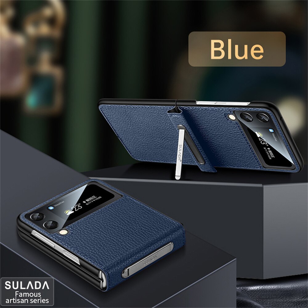 Leather Hard Phone Case With Leather Bracket For Samsung Galaxy Z Flip 4 3