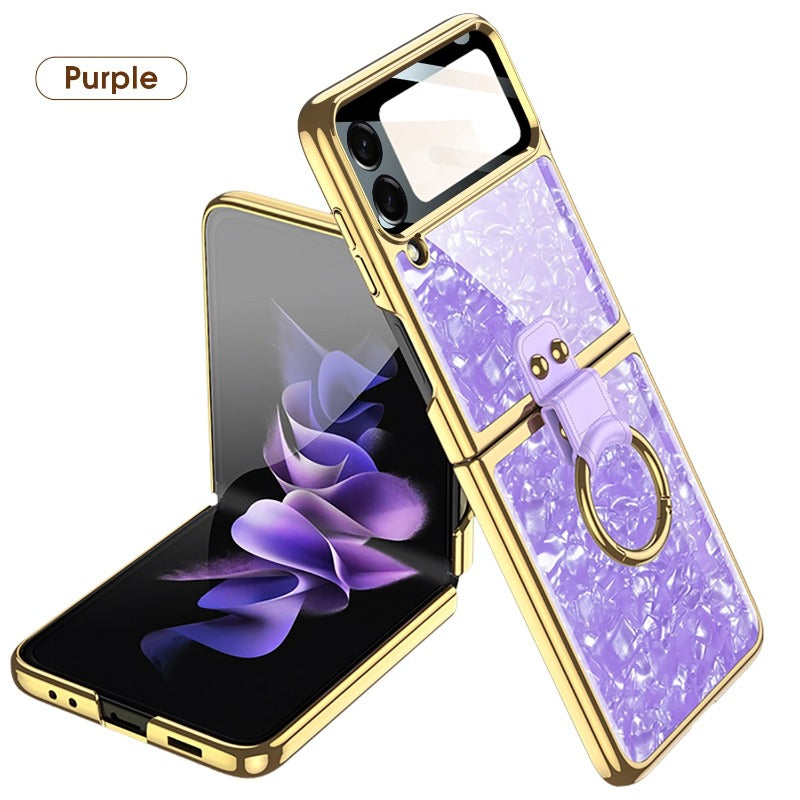 For Samsung Galaxy Z Flip 4 Flip3 Case Painted Electroplated Glass Ring Bracket Holder With Lens Film Shockproof Protection Case