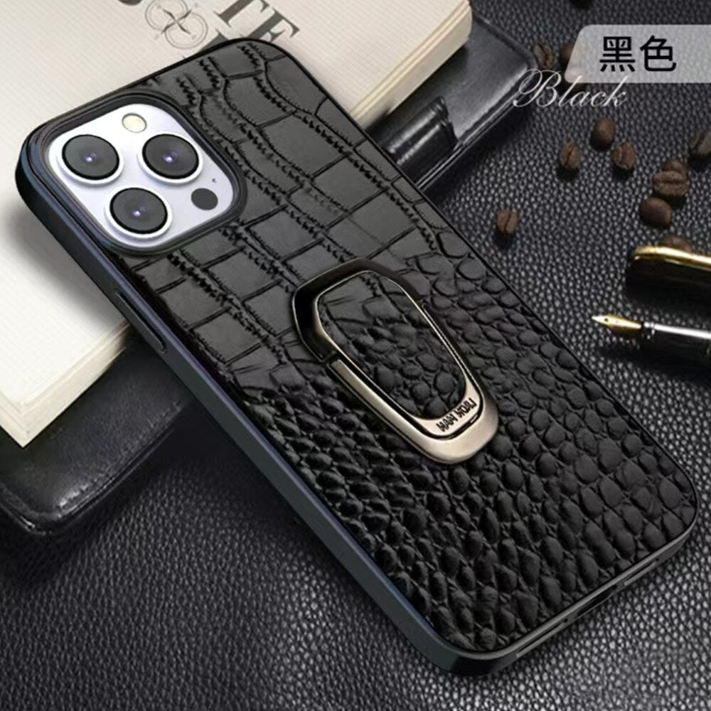 Genuine Cowhide Leather Phone Case With Classic Crocodile Metal Ring Holder For iPhone