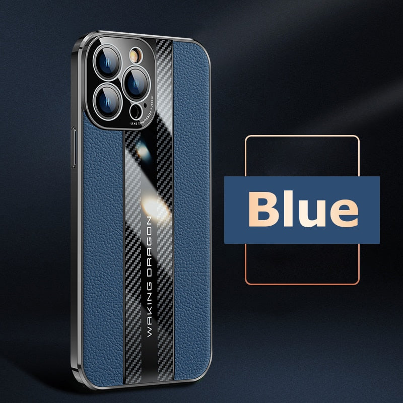  Genuine Leather Phone Case For iPhon 12 13 14 Pro Max Plus 13Mini Electroplated Carbon Fiber Cover Lens All-inclusive Protection