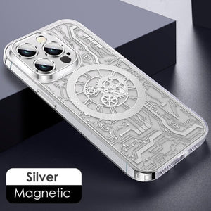 For Magsafe Magnetic Wireless Charging Phone Case For iPhone 12 13 14 Pro Max 14Plus Mechanical Texture TPU Transparent Cover