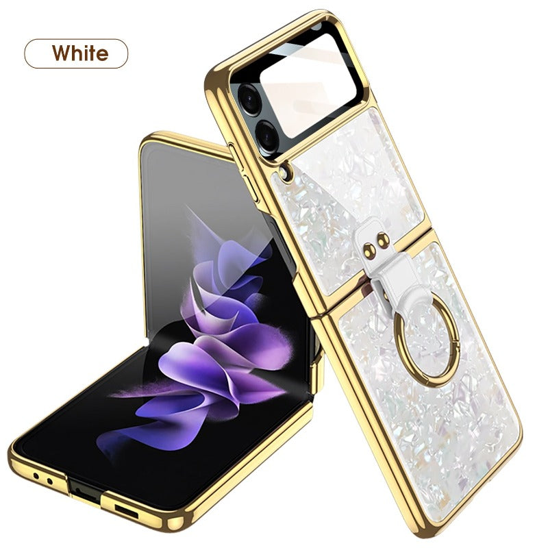 For Samsung Galaxy Z Flip 4 Flip3 Case Painted Electroplated Glass Ring Bracket Holder With Lens Film Shockproof Protection Case