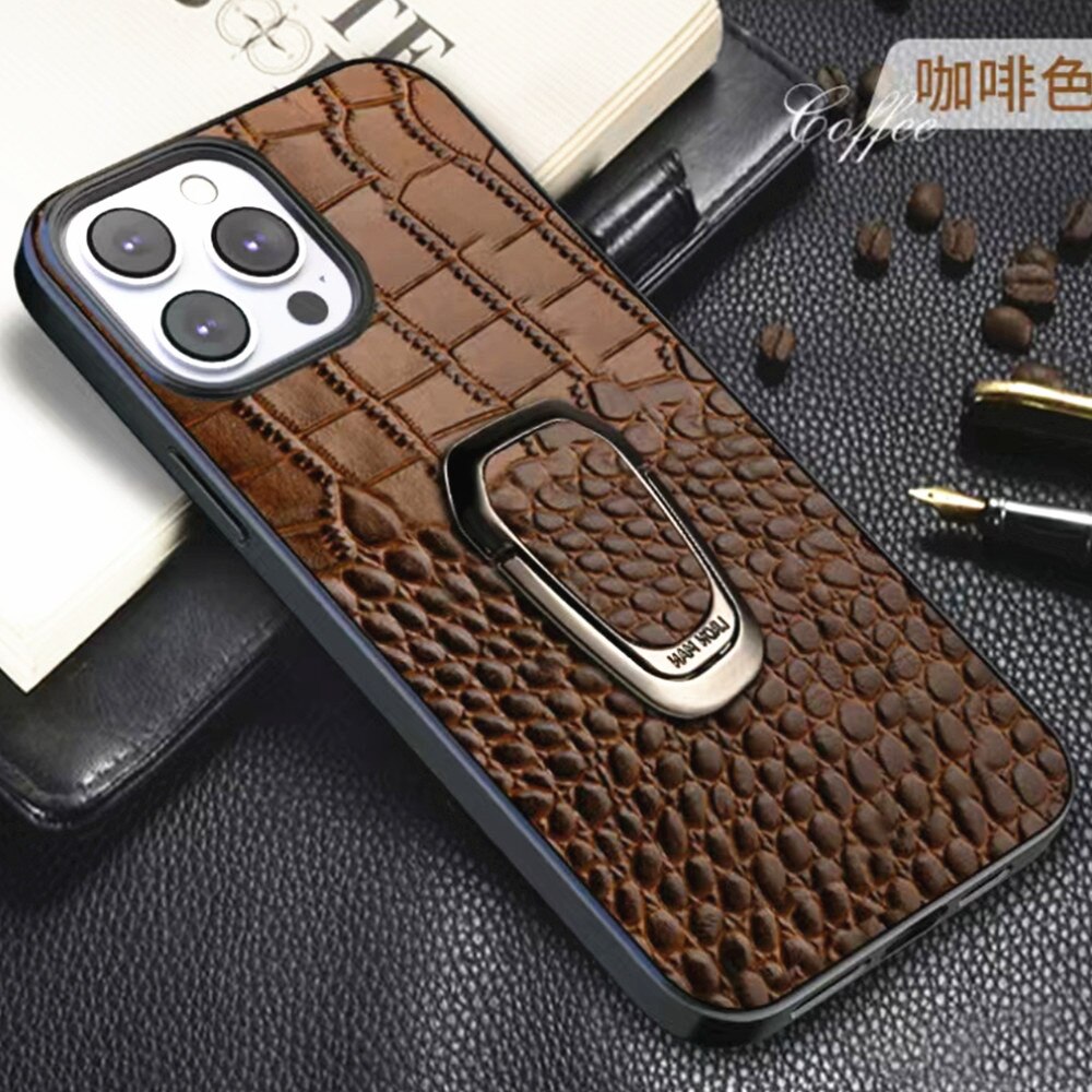 Genuine Cowhide Leather Phone Case With Classic Crocodile Metal Ring Holder For iPhone