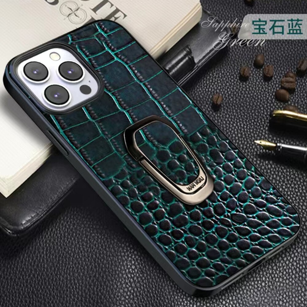 Genuine Cowhide Leather Phone Case With Classic Crocodile Metal Ring Holder For iPhone