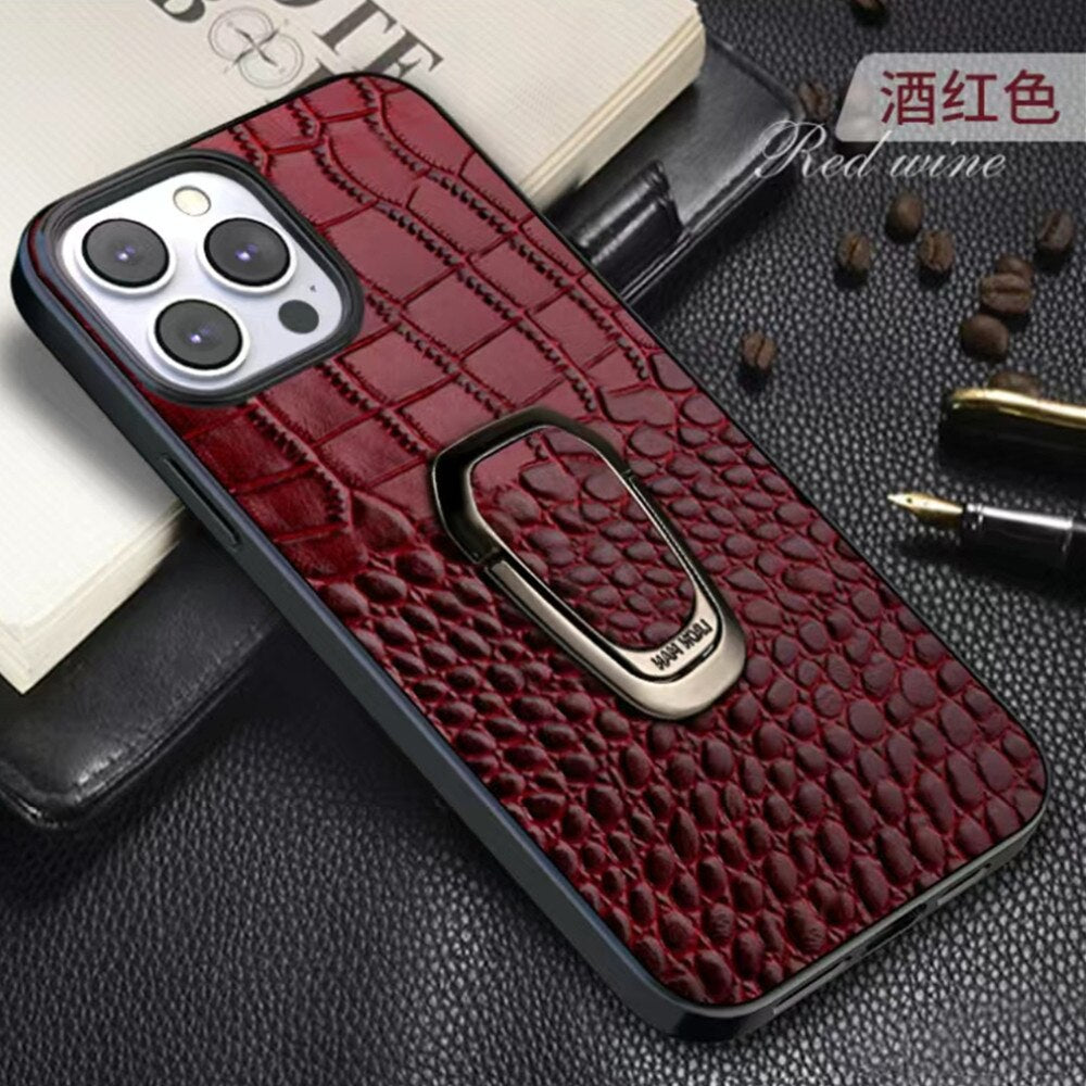 Genuine Cowhide Leather Phone Case With Classic Crocodile Metal Ring Holder For iPhone